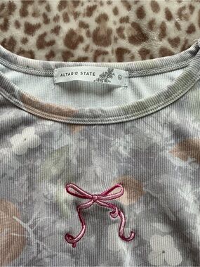 Altar'd State Pastel Tie-Dye Ribbed Tee with Pink Bow Embroidery